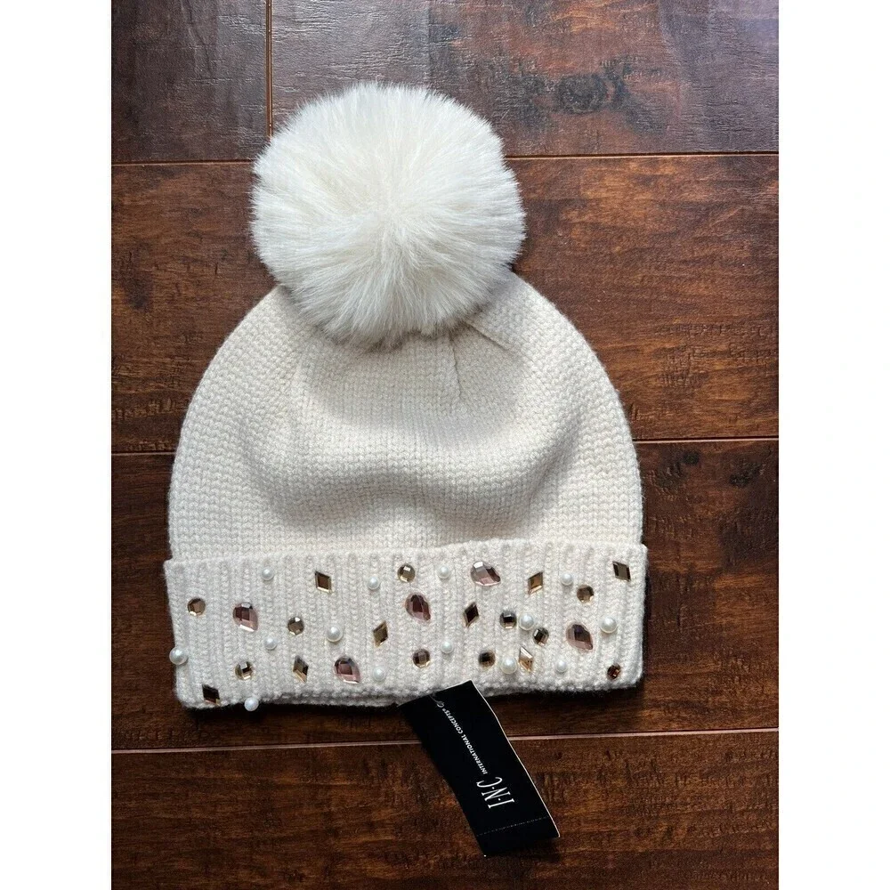 INC Black Embellished Pom Pom Beanie Cap Hat Ivory NWT